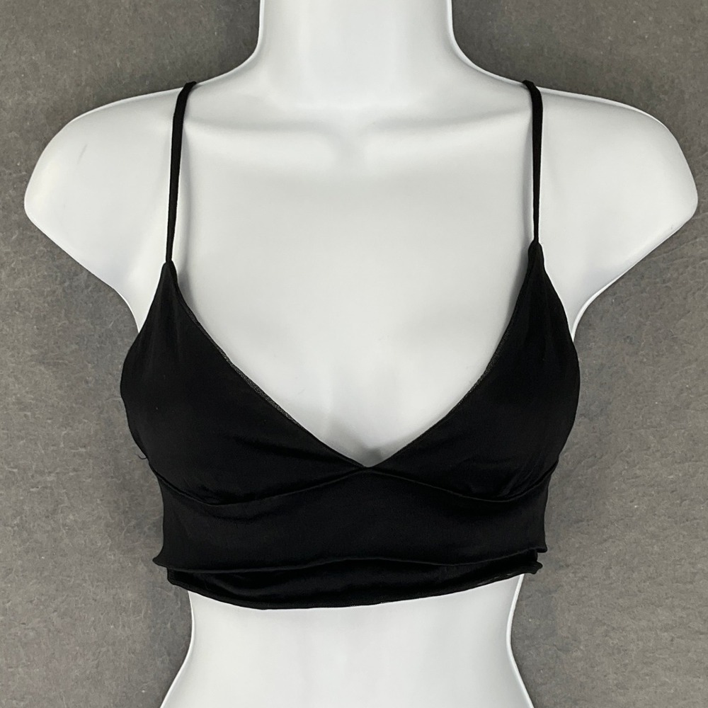 ZARA Black Satin Ruched Strappy Bralette Crop Top Size S Biker Festival Grunge